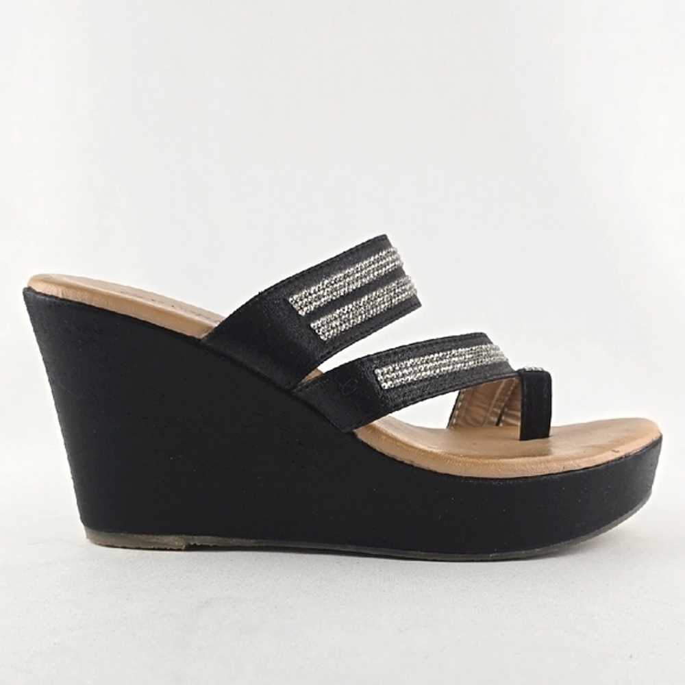 Patrizia Women's Black Slip On Wedge Toe Ring Sandals Rhinestone Straps Size 37
